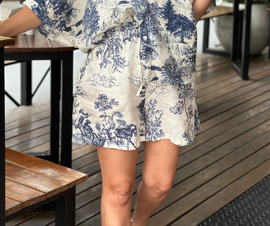 Short Linho Italiano Estampada Azul